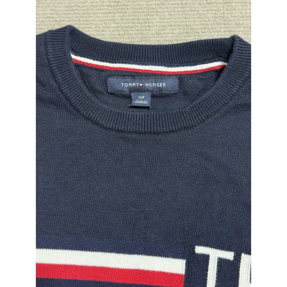 Tommy Hilfiger Sweater Mens Small‎ Navy Blue Crewneck TH Stripe Cotton Pullover